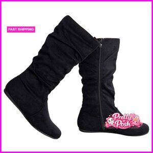 Low Heel Mid-Calf Slouchy Suede Slip On Casual Boots with Side Zipper